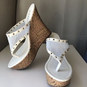 LILIANA White Mesh Cork Wedge Platform Sandals 7.5